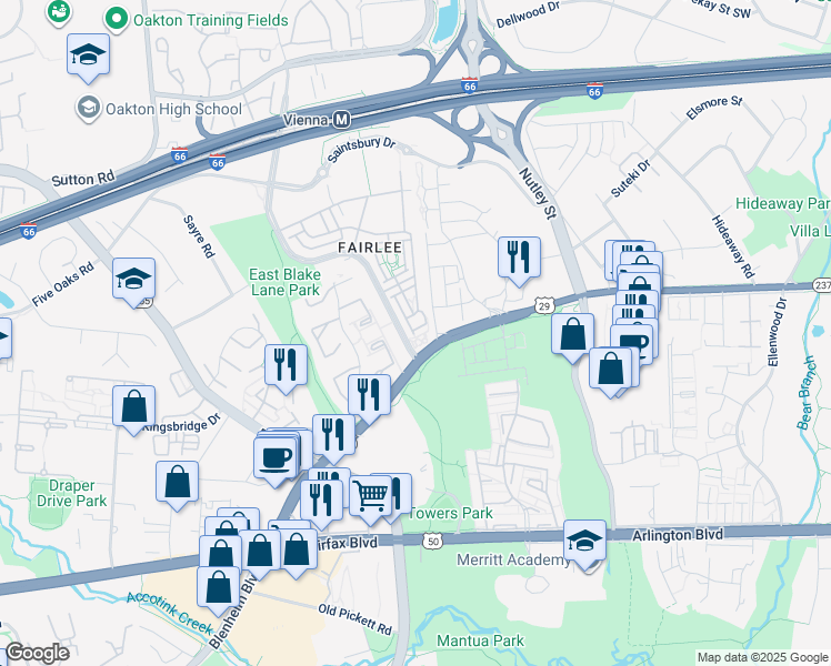 map of restaurants, bars, coffee shops, grocery stores, and more near 9657 Pullman Place in Fairfax