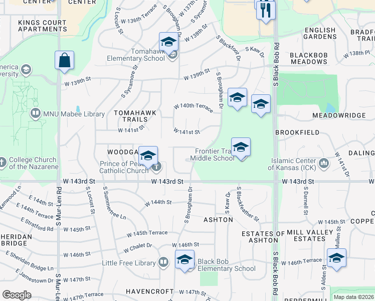 map of restaurants, bars, coffee shops, grocery stores, and more near 15751 West 141st Terrace in Olathe