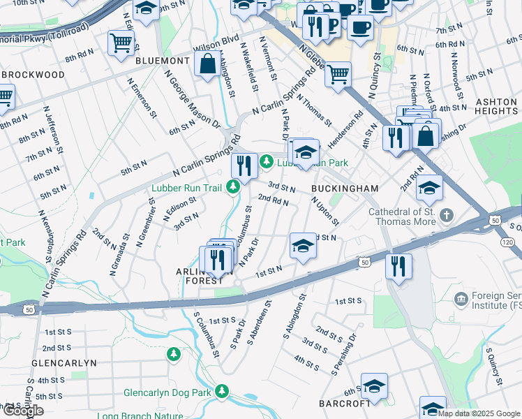 map of restaurants, bars, coffee shops, grocery stores, and more near 226 North Park Drive in Arlington