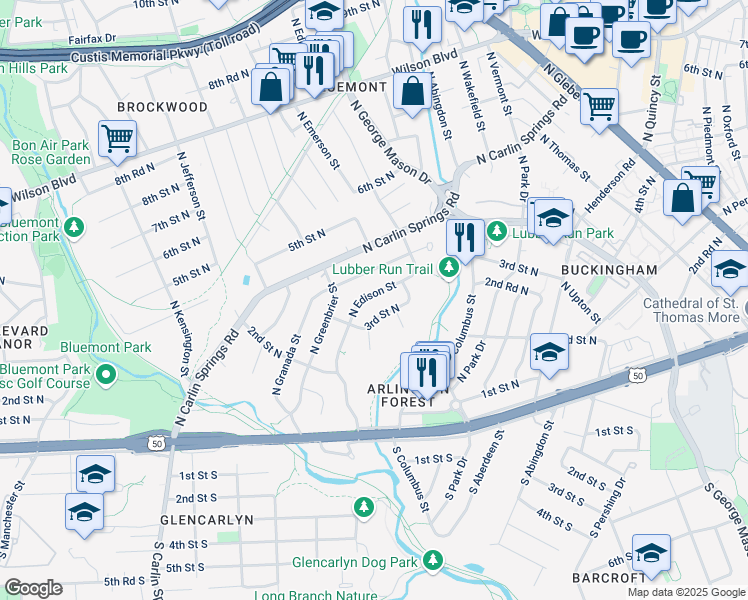 map of restaurants, bars, coffee shops, grocery stores, and more near 329 North Edison Street in Arlington