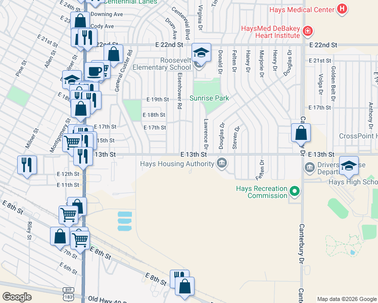 map of restaurants, bars, coffee shops, grocery stores, and more near 1301 Mac Arthur Road in Hays