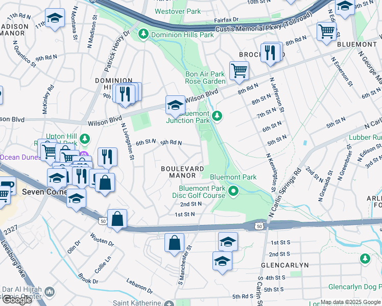 map of restaurants, bars, coffee shops, grocery stores, and more near 5911 5th Street North in Arlington