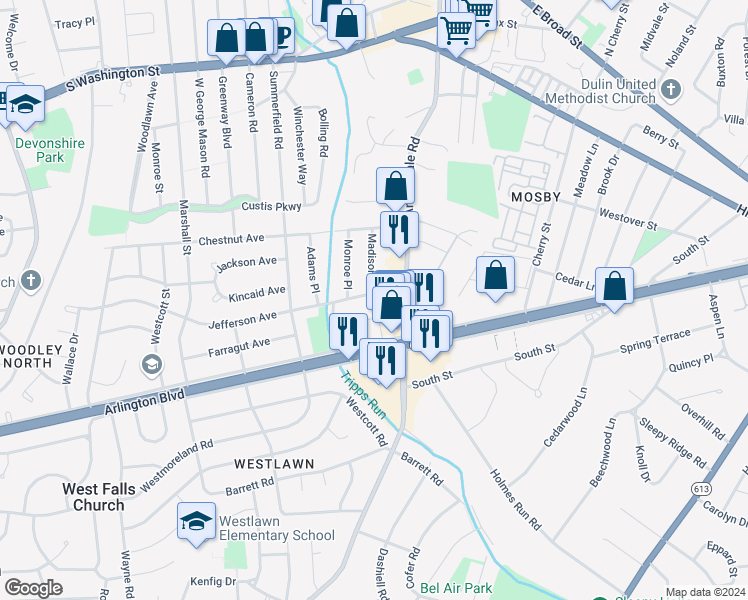 map of restaurants, bars, coffee shops, grocery stores, and more near 6659 Jefferson Avenue in Falls Church