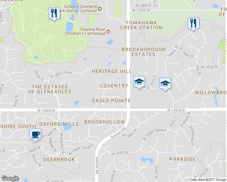 map of restaurants, bars, coffee shops, grocery stores, and more near 10413 West 141st Street in Overland Park