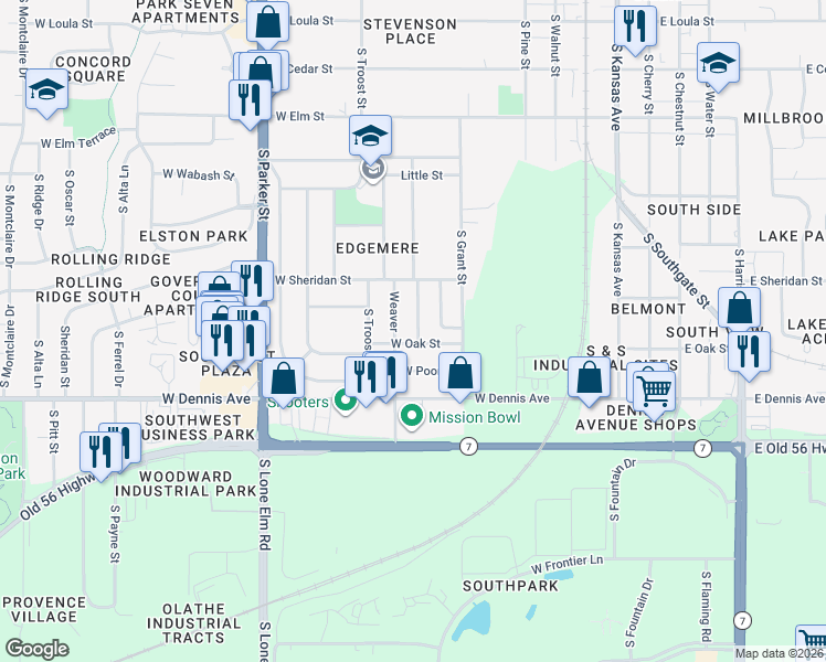 map of restaurants, bars, coffee shops, grocery stores, and more near 833 South Sherman Street in Olathe