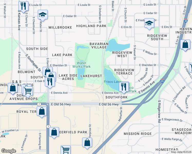 map of restaurants, bars, coffee shops, grocery stores, and more near 647 East El Monte Court in Olathe