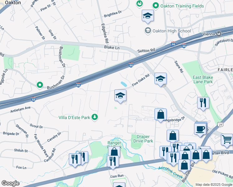 map of restaurants, bars, coffee shops, grocery stores, and more near 9827 Five Oaks Road in Fairfax