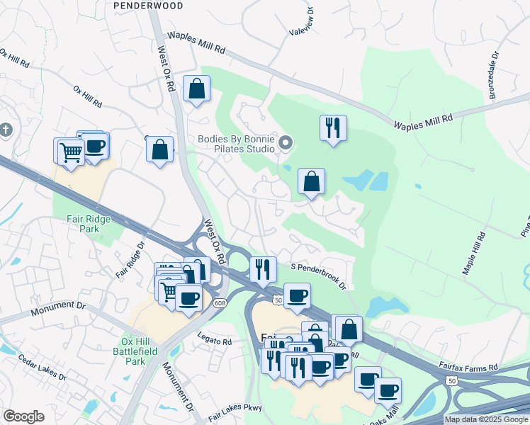 map of restaurants, bars, coffee shops, grocery stores, and more near 12010 Ridge Knoll Drive in Fairfax