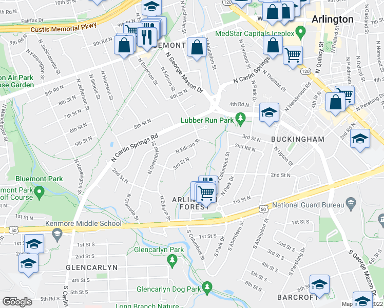 map of restaurants, bars, coffee shops, grocery stores, and more near 300 North Emerson Street in Arlington