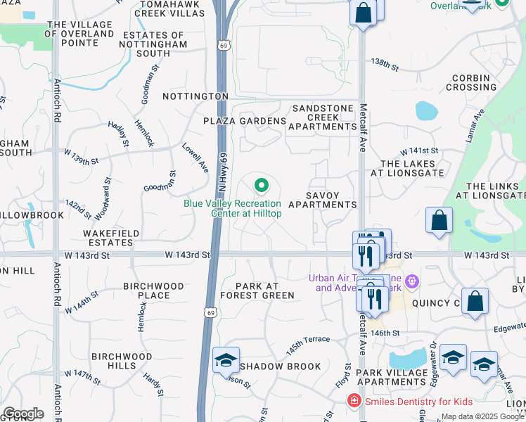 map of restaurants, bars, coffee shops, grocery stores, and more near 7700 West 143rd Street in Overland Park