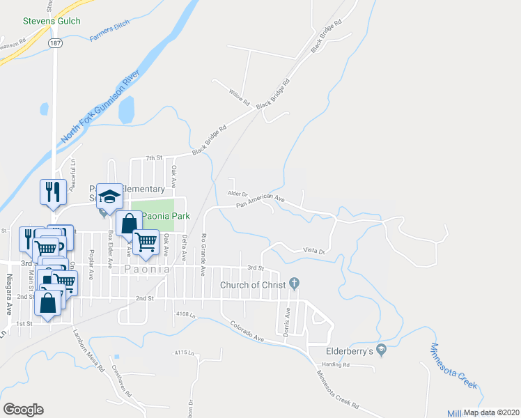 map of restaurants, bars, coffee shops, grocery stores, and more near 35 Box Elder Drive in Paonia