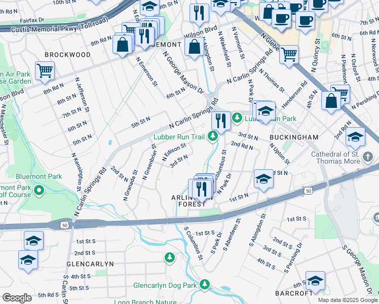 map of restaurants, bars, coffee shops, grocery stores, and more near 300 North Emerson Street in Arlington