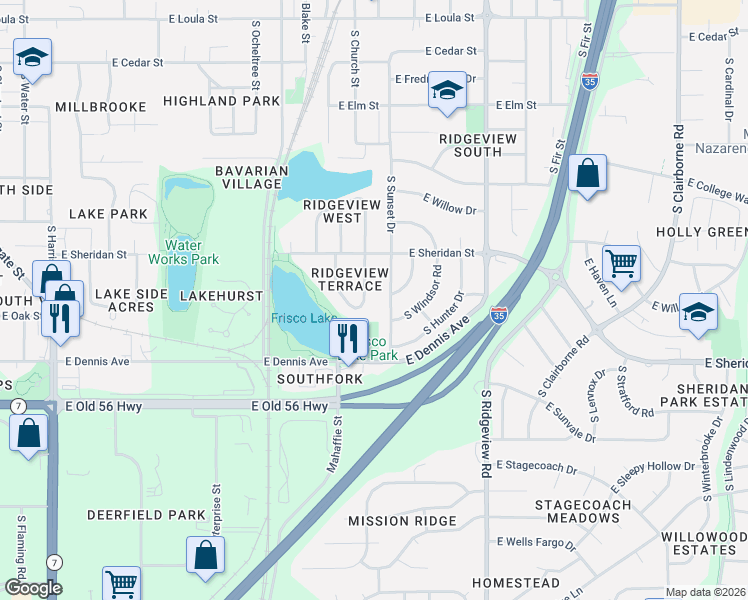 map of restaurants, bars, coffee shops, grocery stores, and more near 833 South Sunset Drive in Olathe
