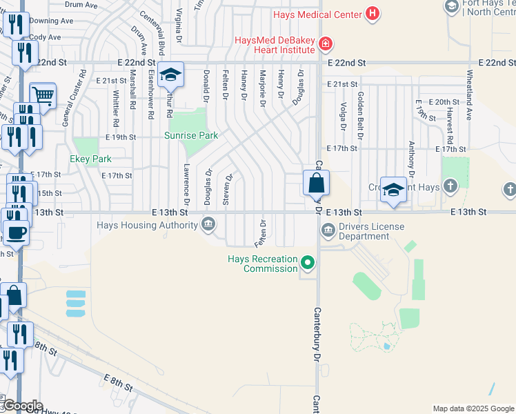 map of restaurants, bars, coffee shops, grocery stores, and more near 1301 Felten Drive in Hays