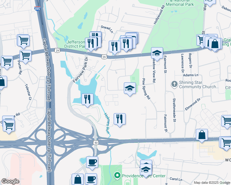 map of restaurants, bars, coffee shops, grocery stores, and more near 7752 New Providence Drive in Falls Church