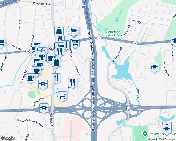 map of restaurants, bars, coffee shops, grocery stores, and more near 2900 Kings Chapel Road in Falls Church