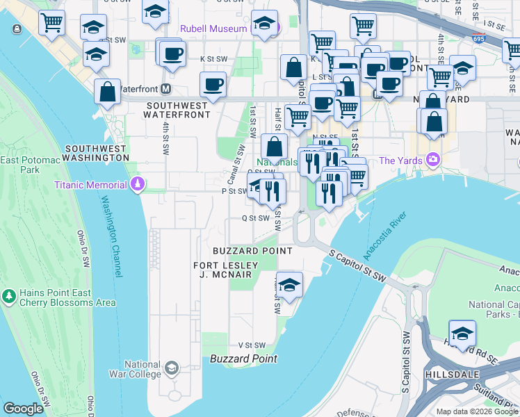 map of restaurants, bars, coffee shops, grocery stores, and more near 1530 First Street Southwest in Washington