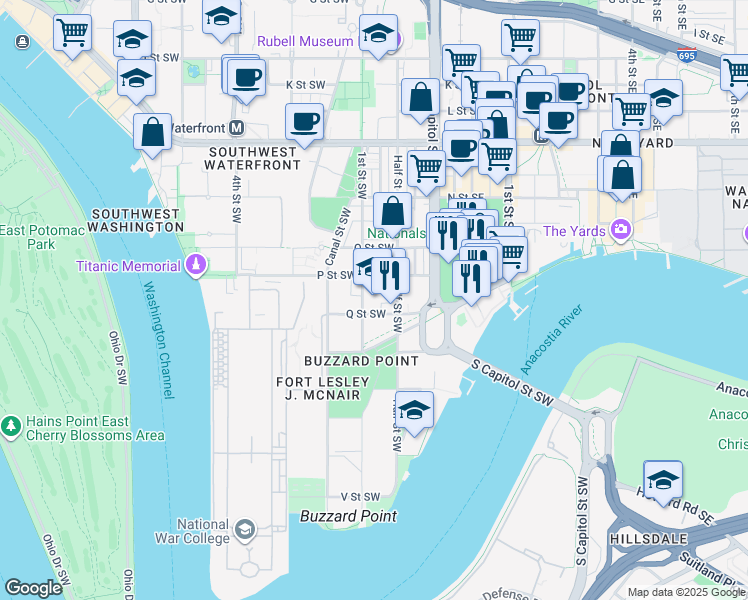 map of restaurants, bars, coffee shops, grocery stores, and more near 1530 First Street Southwest in Washington