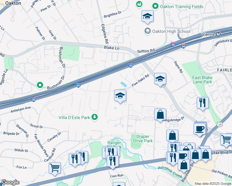 map of restaurants, bars, coffee shops, grocery stores, and more near 9827 Five Oaks Road in Fairfax