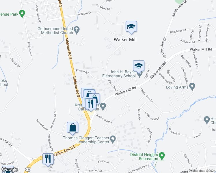 map of restaurants, bars, coffee shops, grocery stores, and more near 1321 Karen Boulevard in Capitol Heights