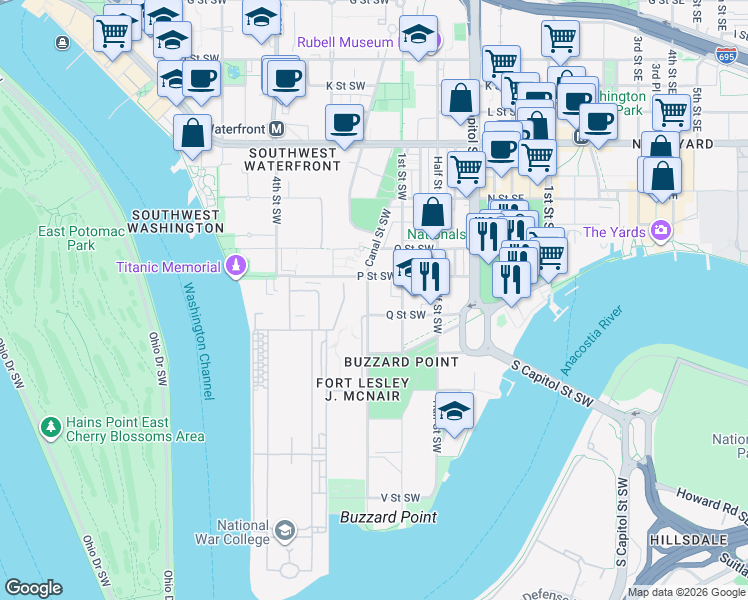 map of restaurants, bars, coffee shops, grocery stores, and more near 101 Independence Avenue Southeast in Washington