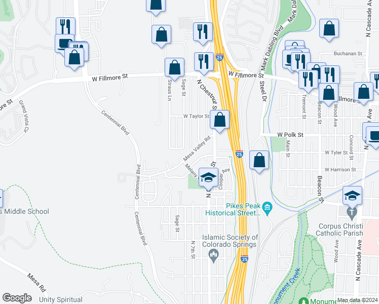 map of restaurants, bars, coffee shops, grocery stores, and more near 810 Mesa Valley Road in Colorado Springs