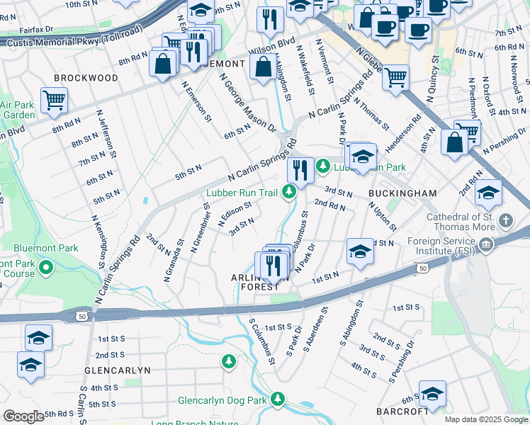map of restaurants, bars, coffee shops, grocery stores, and more near 305 North Emerson Street in Arlington