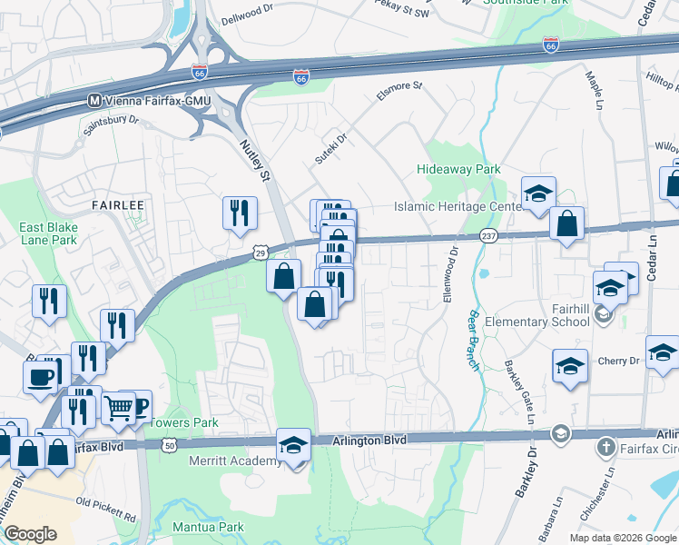 map of restaurants, bars, coffee shops, grocery stores, and more near 3045 Nutley Street in Fairfax