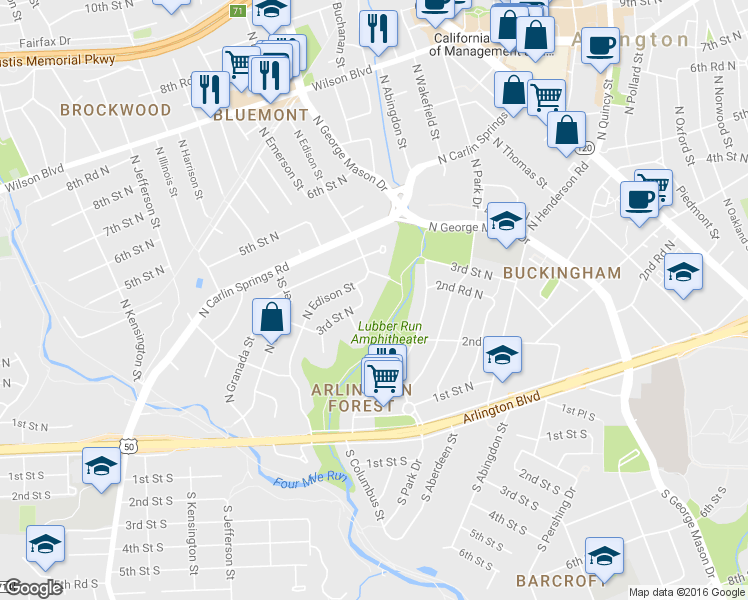 map of restaurants, bars, coffee shops, grocery stores, and more near 305 North Emerson Street in Arlington