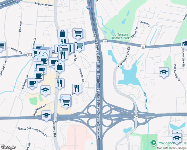 map of restaurants, bars, coffee shops, grocery stores, and more near 2900 Kings Chapel Road in Falls Church