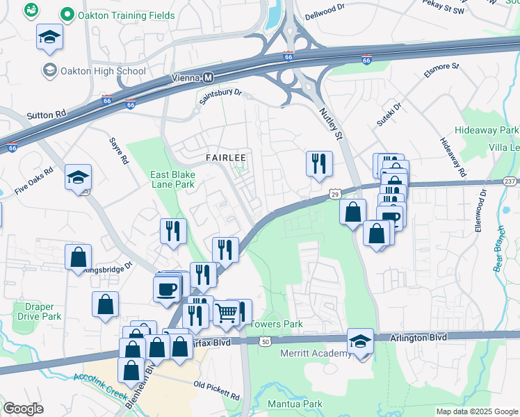 map of restaurants, bars, coffee shops, grocery stores, and more near 9647 Pullman Place in Fairfax