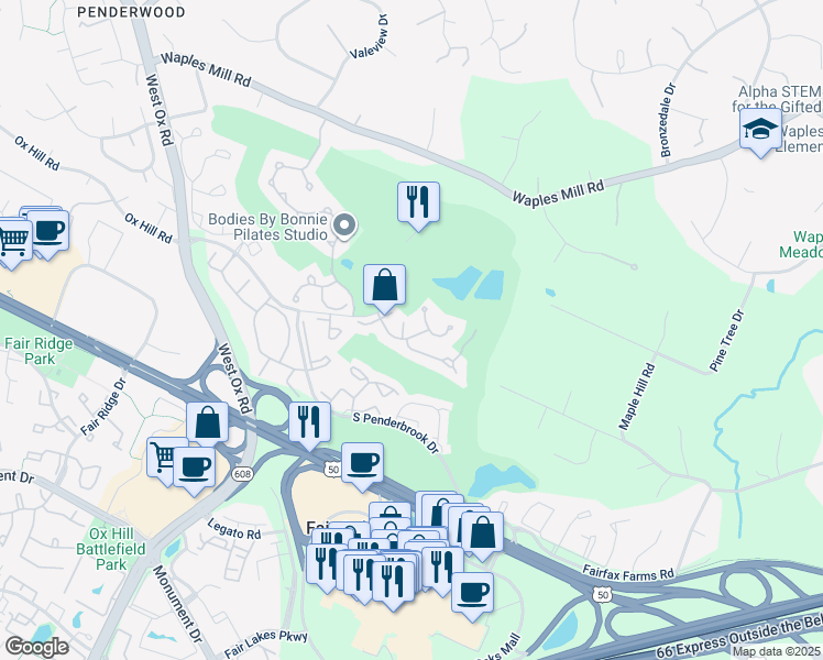 map of restaurants, bars, coffee shops, grocery stores, and more near 3804 Parkland Drive in Fairfax