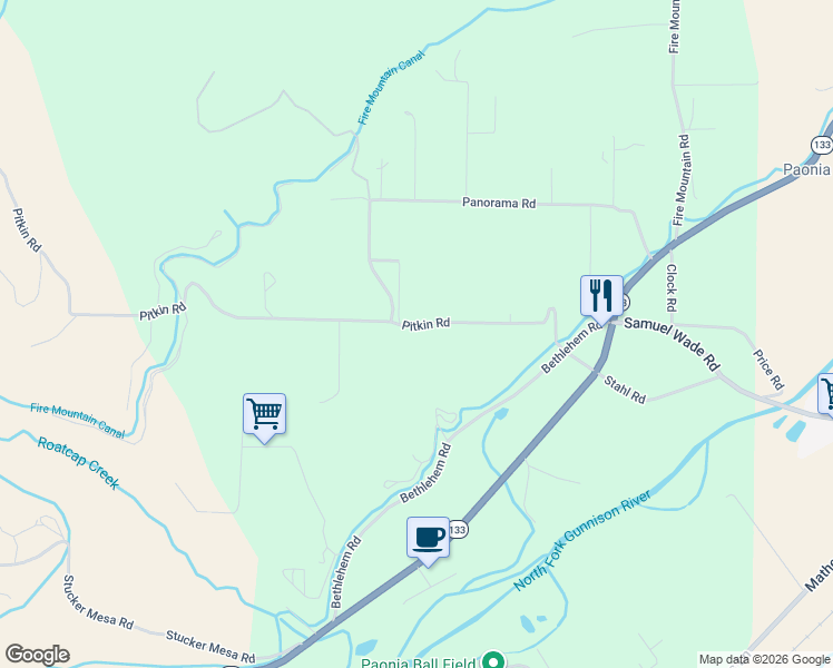 map of restaurants, bars, coffee shops, grocery stores, and more near 39594 Pitkin Road in Paonia