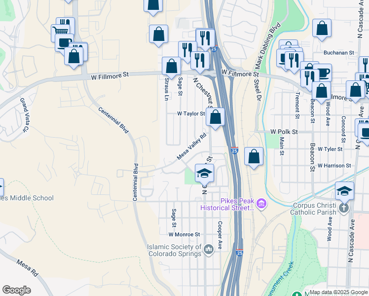 map of restaurants, bars, coffee shops, grocery stores, and more near 810 Mesa Valley Road in Colorado Springs