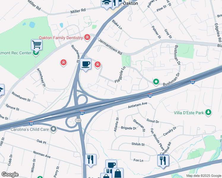 map of restaurants, bars, coffee shops, grocery stores, and more near 10345 Granite Creek Lane in Oakton