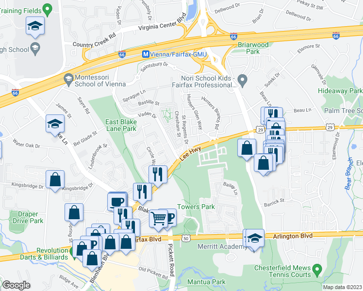 map of restaurants, bars, coffee shops, grocery stores, and more near 9647 Pullman Place in Fairfax