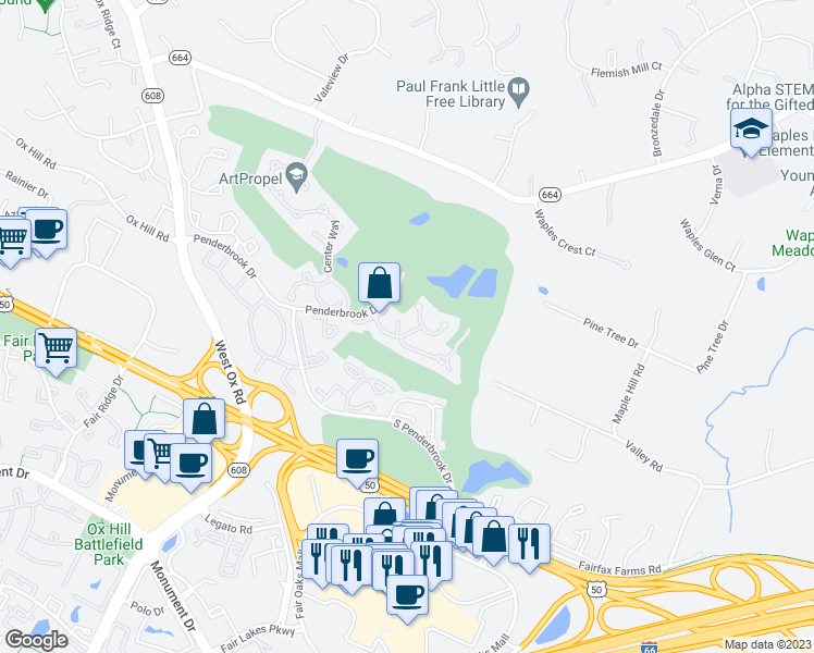 map of restaurants, bars, coffee shops, grocery stores, and more near 3804 Parkland Drive in Fairfax