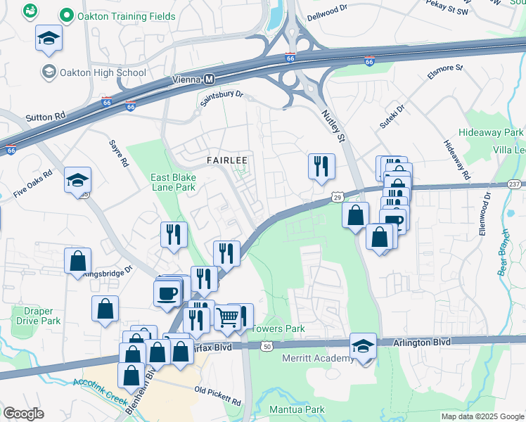 map of restaurants, bars, coffee shops, grocery stores, and more near Pullman Place in Fairfax