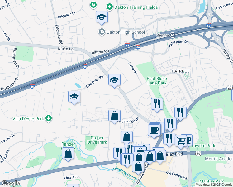 map of restaurants, bars, coffee shops, grocery stores, and more near 9714 Water Oak Drive in Fairfax