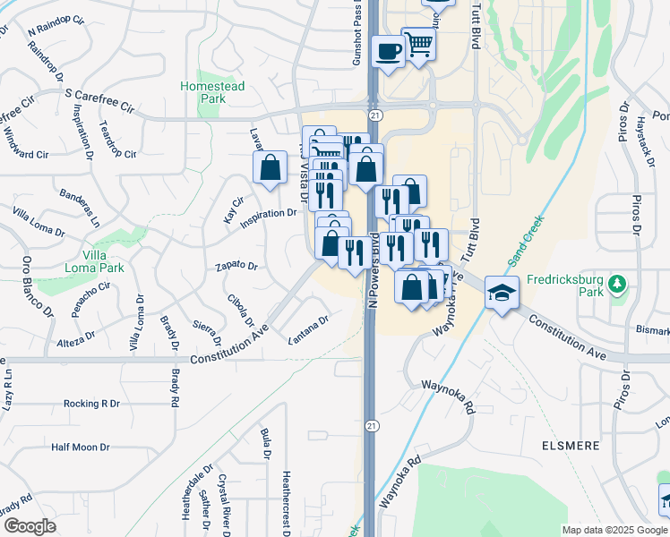 map of restaurants, bars, coffee shops, grocery stores, and more near 5625 Constitution Avenue in Colorado Springs