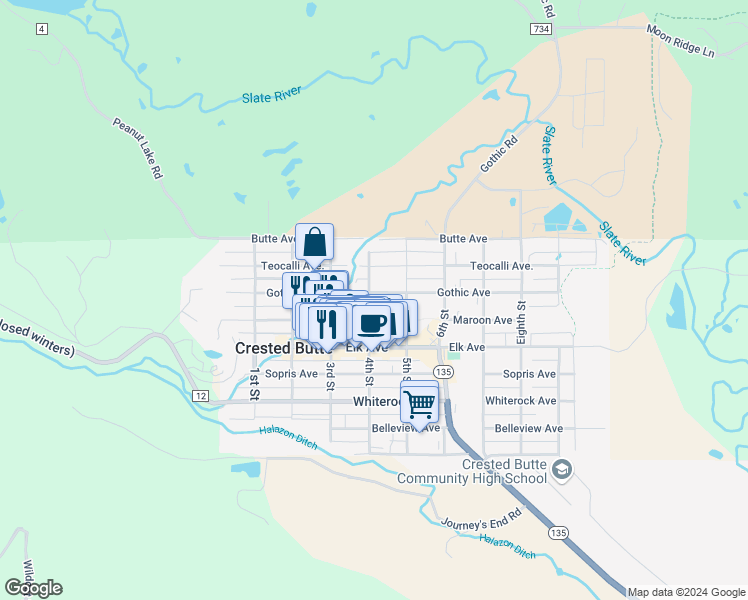 map of restaurants, bars, coffee shops, grocery stores, and more near 204 4th Street in Crested Butte