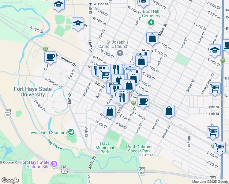 map of restaurants, bars, coffee shops, grocery stores, and more near 811 Fort Street in Hays