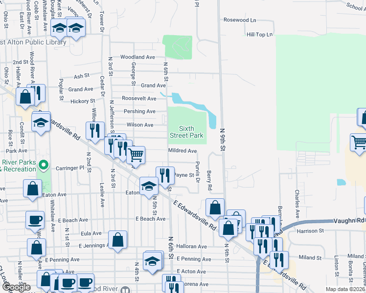 map of restaurants, bars, coffee shops, grocery stores, and more near 650 Mildred Avenue in Wood River