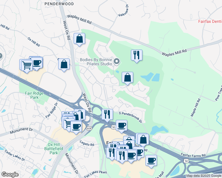 map of restaurants, bars, coffee shops, grocery stores, and more near 3804 Ridge Knoll Court in Fairfax