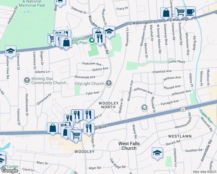 map of restaurants, bars, coffee shops, grocery stores, and more near 2929 Graham Road in Falls Church