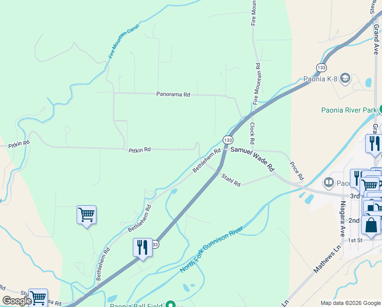 map of restaurants, bars, coffee shops, grocery stores, and more near 39820-39856 Pitkin Road in Paonia