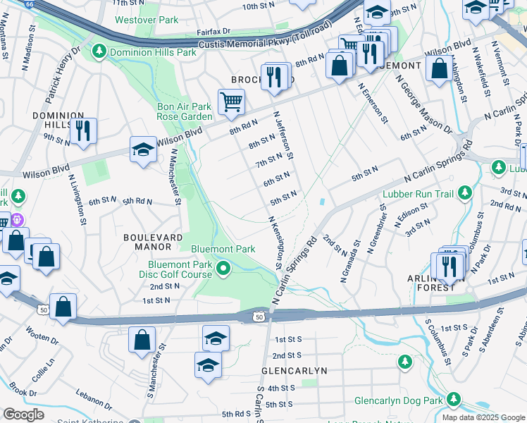 map of restaurants, bars, coffee shops, grocery stores, and more near 416 North Kensington Street in Arlington