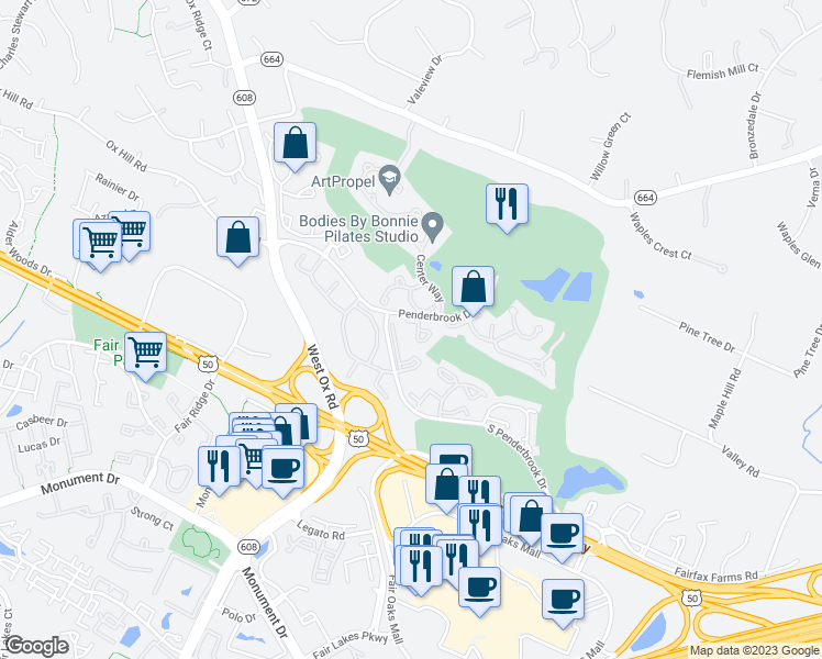 map of restaurants, bars, coffee shops, grocery stores, and more near 3800 Ridge Knoll Court in Fairfax