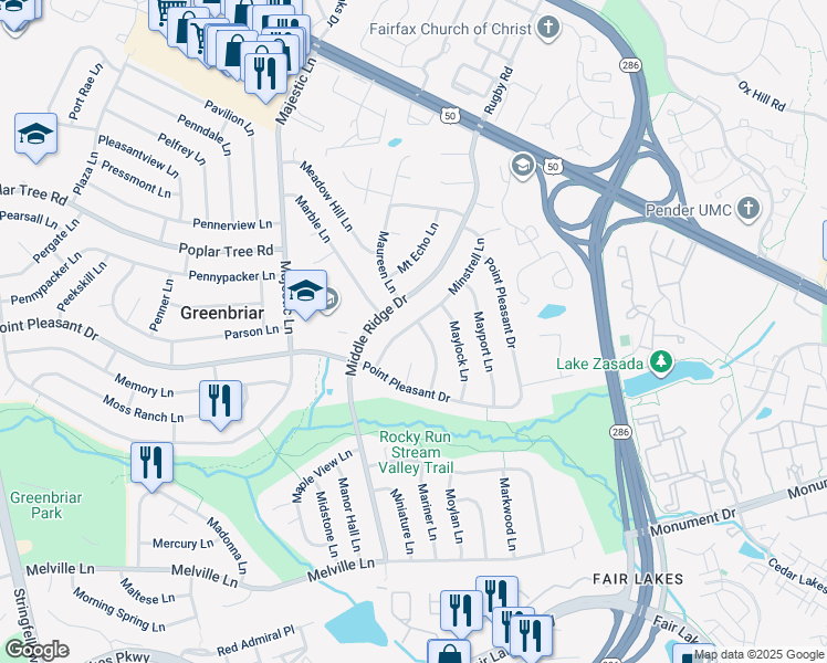 map of restaurants, bars, coffee shops, grocery stores, and more near 4217 Minstrell Lane in Fairfax