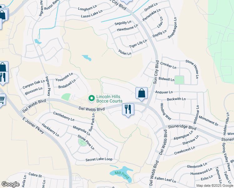 map of restaurants, bars, coffee shops, grocery stores, and more near 1364 Strolling Hills Lane in Lincoln